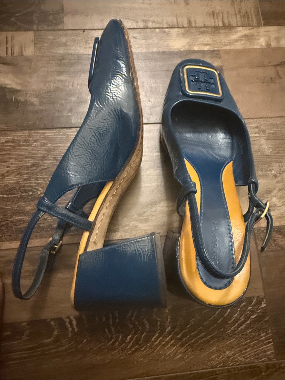 Tory Burch Navy and Yellow Slingback Logo Heels - Picture 7 of 8